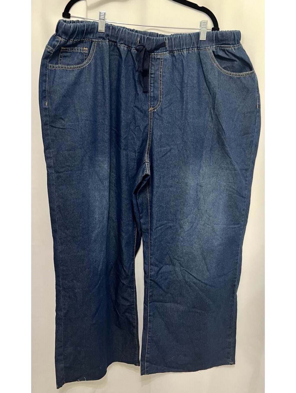 SHEIN Blue Pull-On Drawstring Jeans Elastic Waist Straight Leg